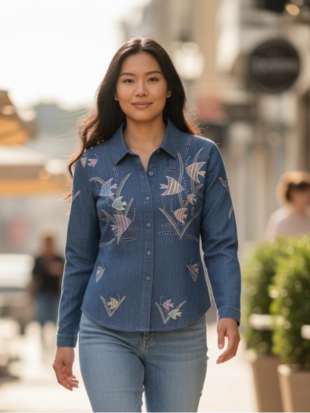 Lim’s Vintage Denim Top Button Up W Embroidery Fish & Cut Outs Unique & Rare EUC